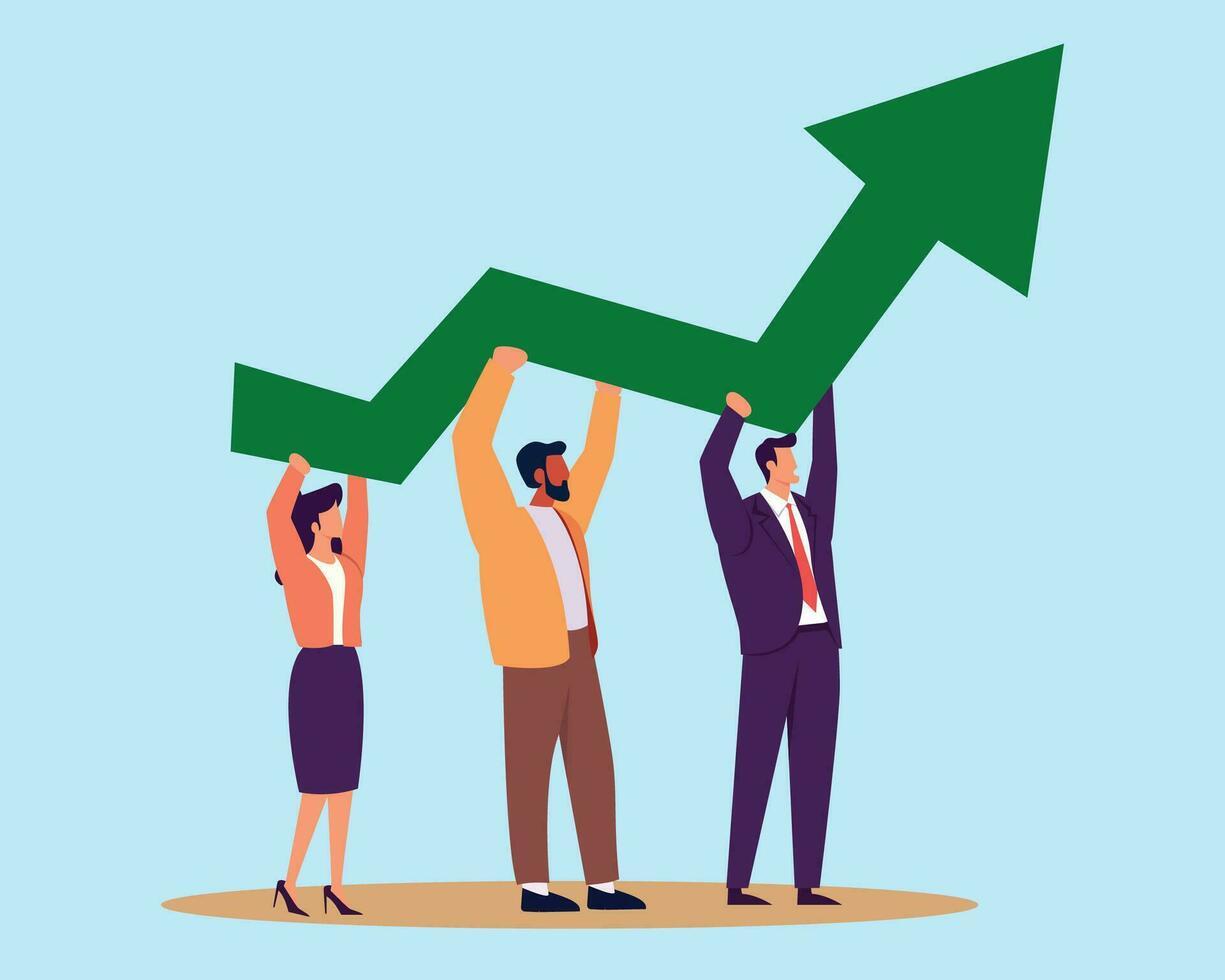Illustration of three colleagues lifting a green upward-trending arrow together